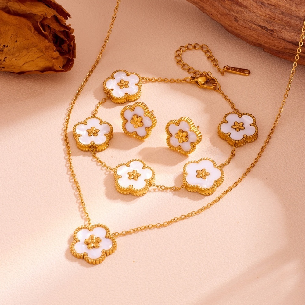 18K Gold White Plum Blossom 5 Leaf  Necklace, Earrings & Bracelet Set No Fade